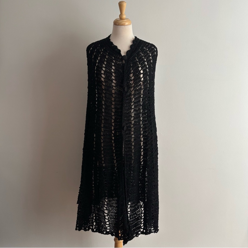 Vintage Black Crochet Lace Long Cape